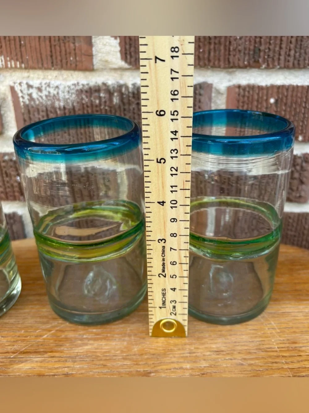 Mexican Hand Blown Green Blue Glass Tumblers thick Glasses Stripes Set of 3